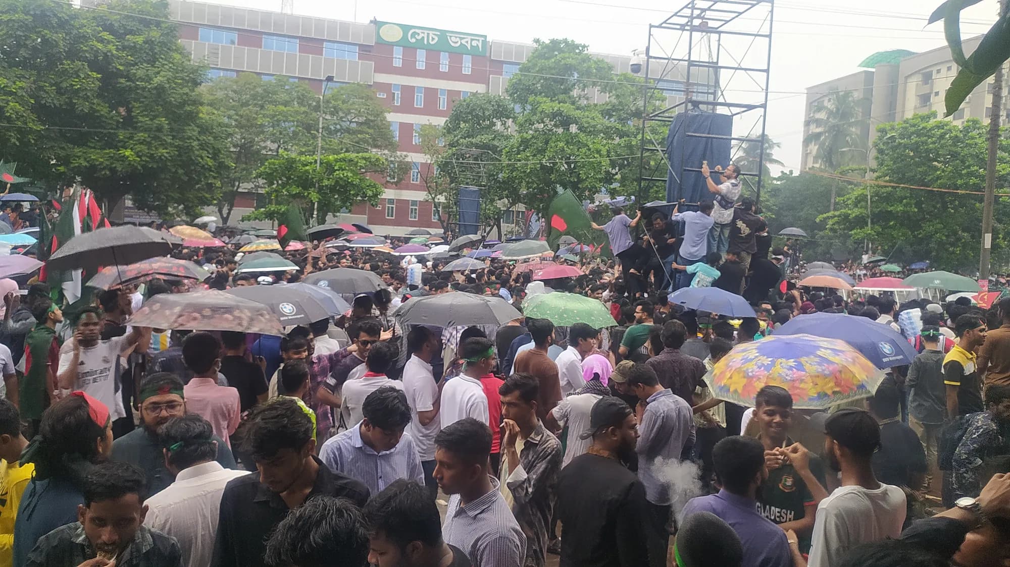 A large crowd, many holding umbrellas and flags, stands on a wide avenue in light rain before a stage scaffold and trees.
